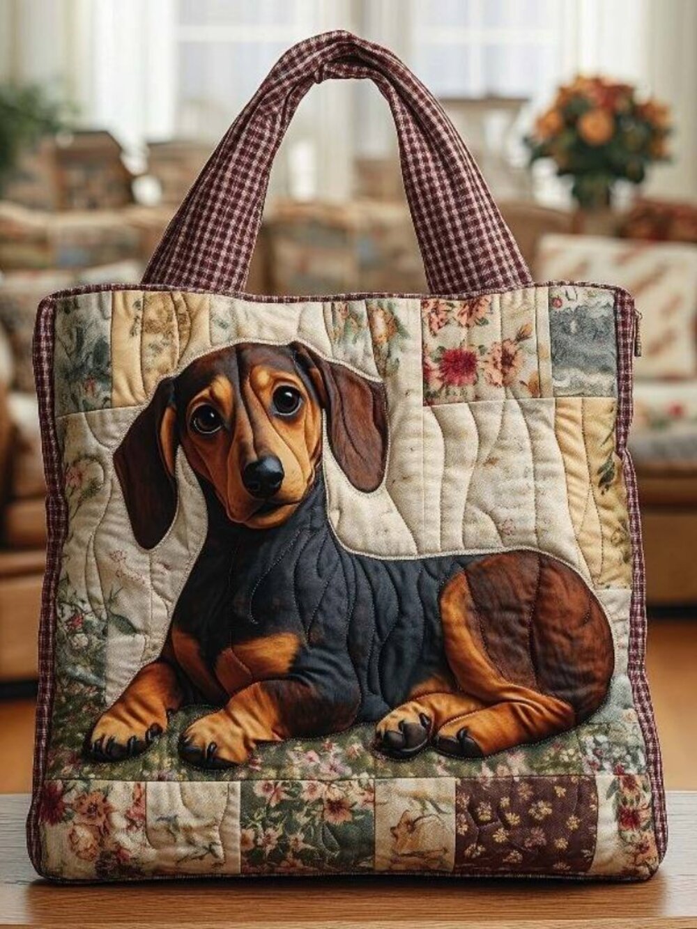 Quilted Dachshund Dog Print Tote Bag with Strap - Picture 2 of 5
